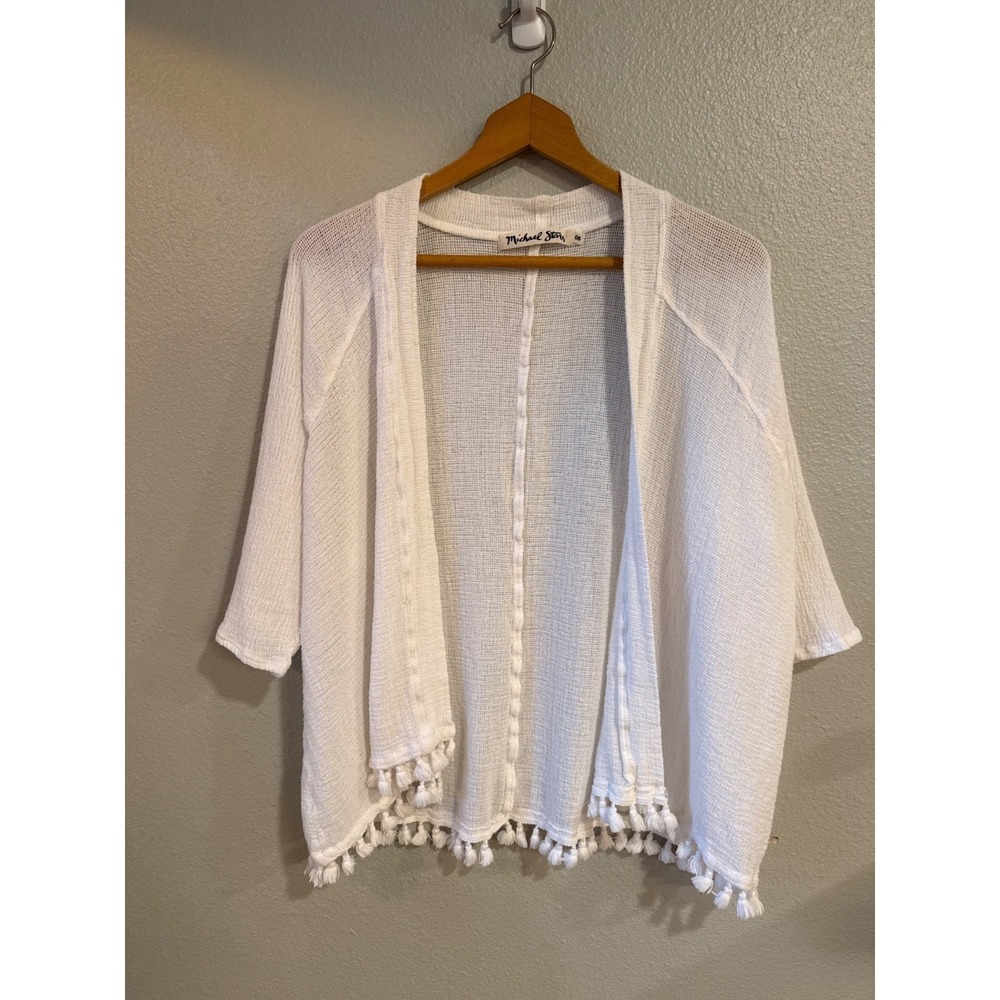 Michael Stars Cardigan Womens OS White Cotton Gauze Tassel Fringe Open Front